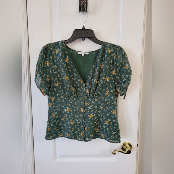 Madewell Tops - Madewell Silk Evie Tie-Sleeve Top Fresh Sprigs Green Floral Size 4